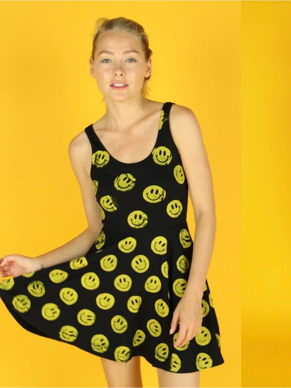 Black Smiley Face Tank Skater Dress - Yellow Smiley Print